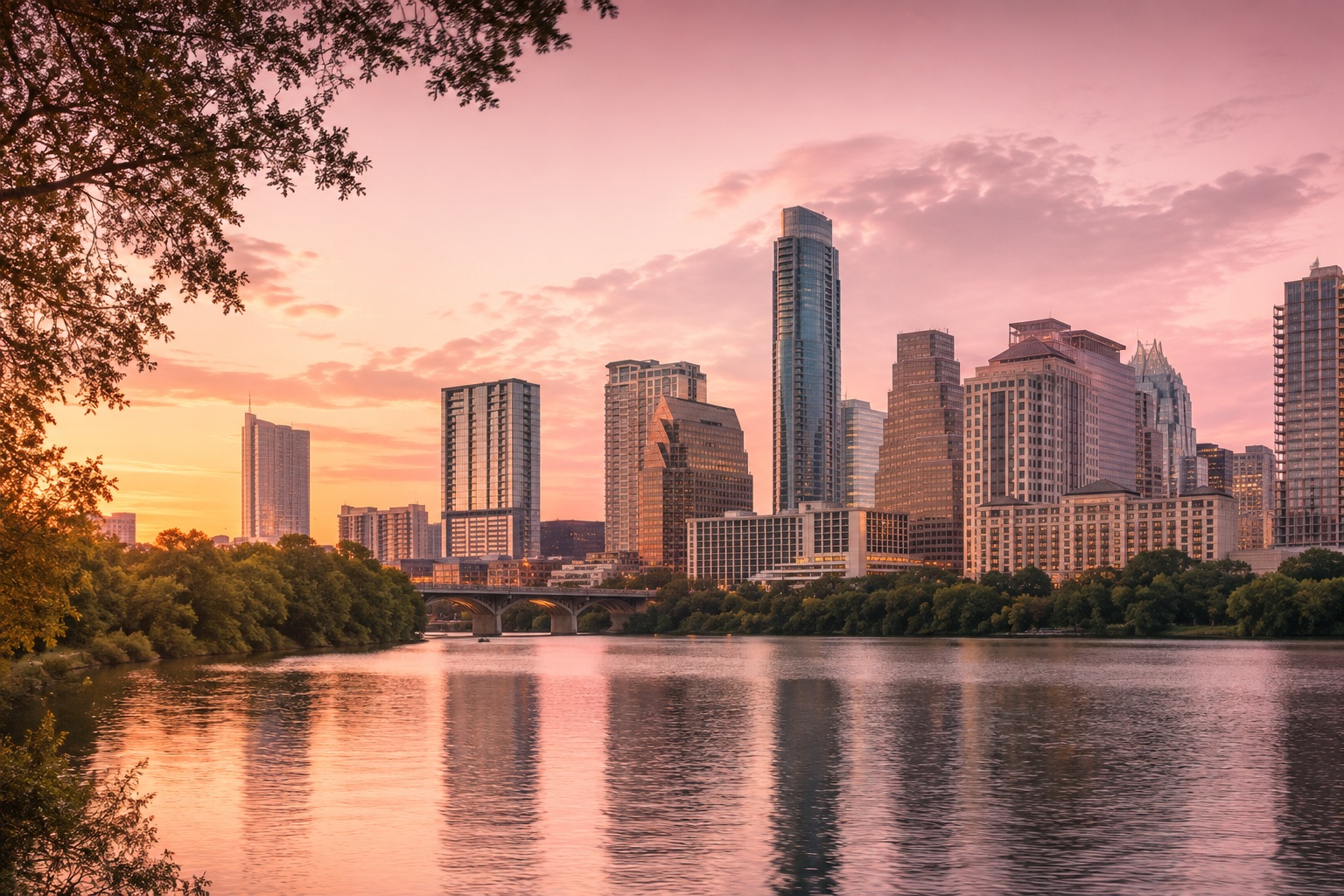 Austin skyline at golden hour over Lady Bird Lake