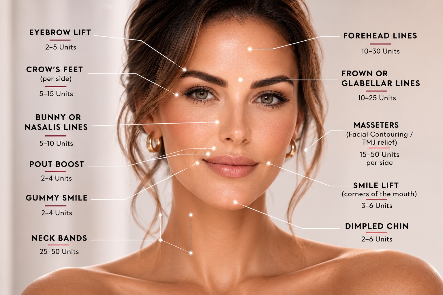 Diagram of Botox treatment areas on the face and neck with typical unit ranges: forehead lines 10–30 units, frown or glabellar lines 10–25 units, eyebrow lift 2–5 units, crow's feet 5–15 units per side, bunny or nasalis lines 5–10 units, masseters 15–50 units per side, pout boost 2–4 units, gummy smile 2–4 units, smile lift 3–6 units, dimpled chin 2–6 units, neck bands 25–50 units