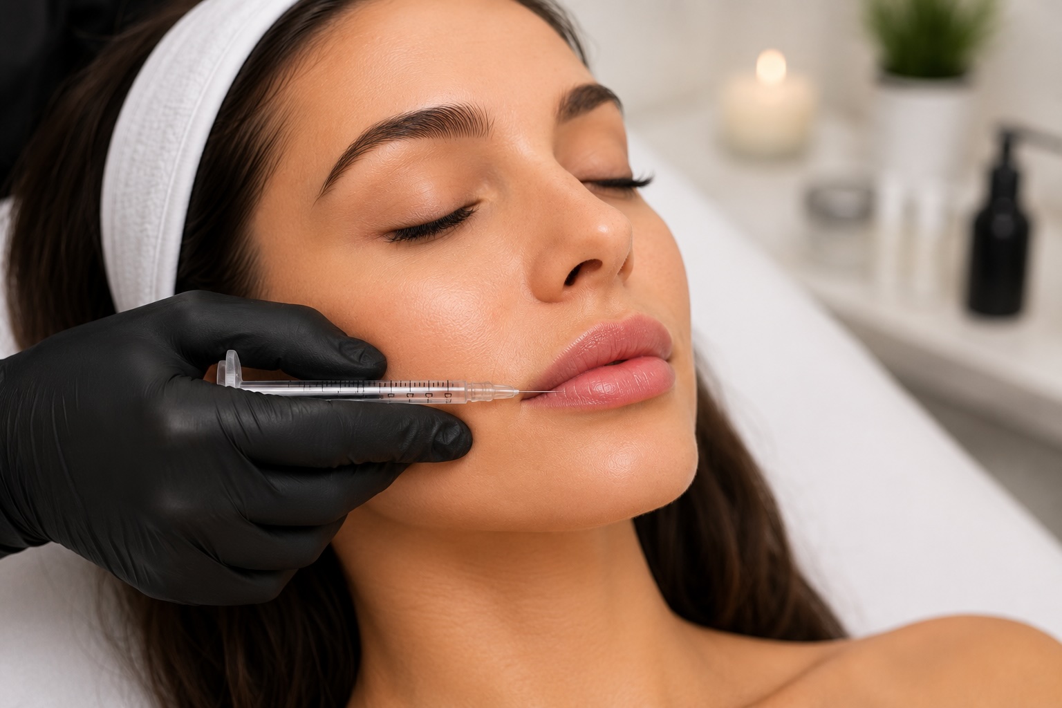 Close-up of a dermal filler treatment being administered to the lip and perioral area at Austin Med Spa