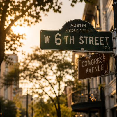 W 6th Street and Congress Avenue signs in the Austin historic district