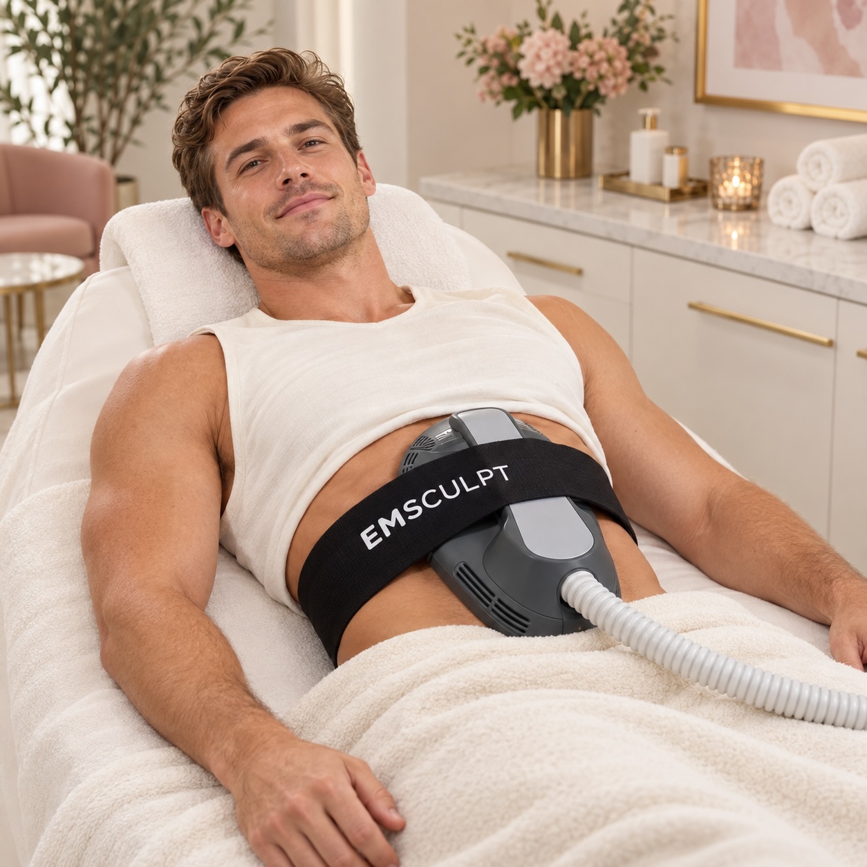 Client relaxing during an Emsculpt abdominal muscle-building treatment at Austin Med Spa in Austin, TX