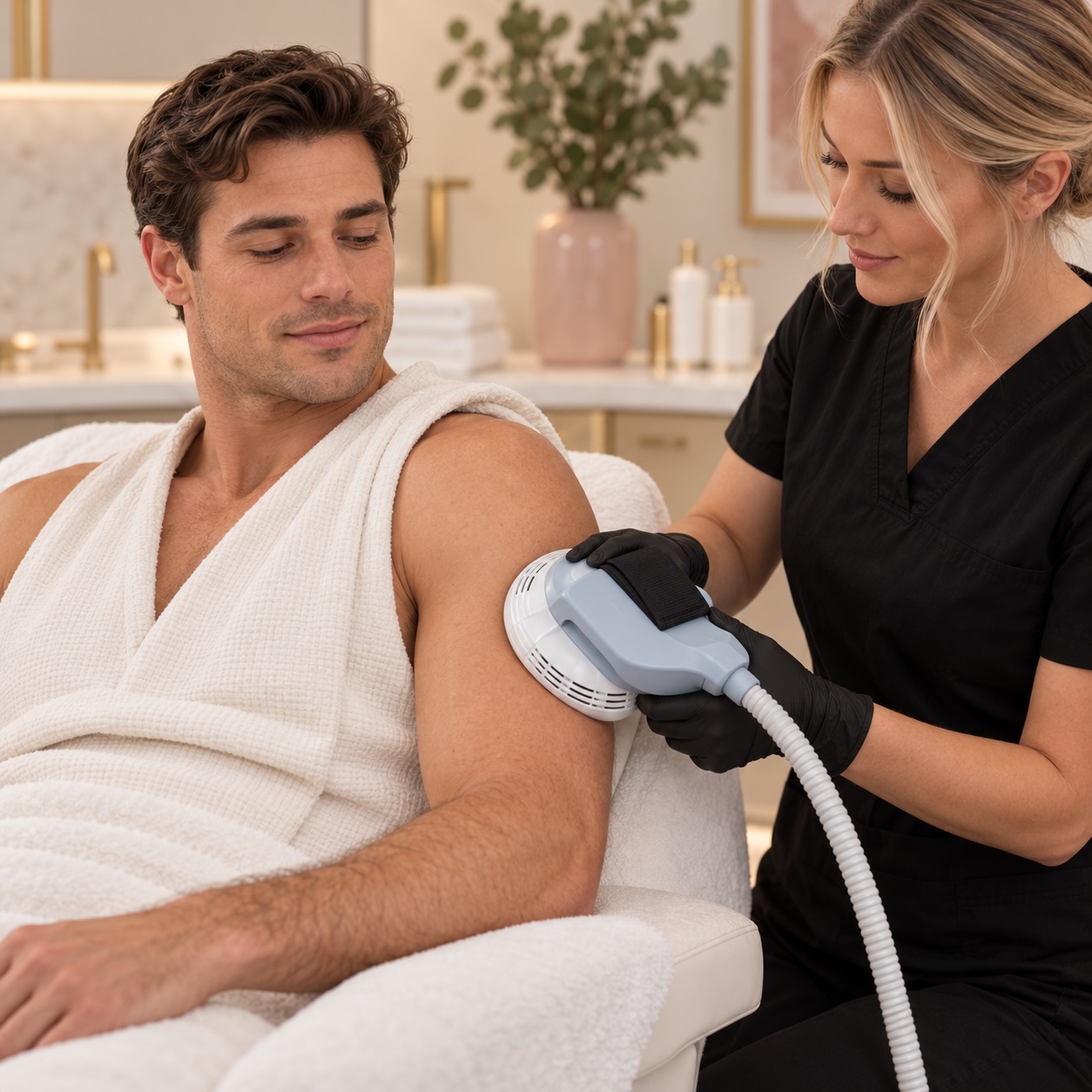 Austin Med Spa provider delivering an Emtone skin-tightening treatment to a client's upper arm in Austin, TX