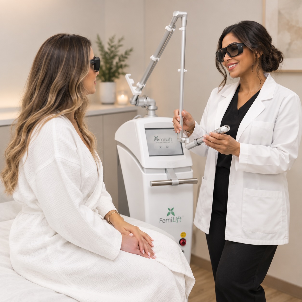 Austin Med Spa provider talking a client through her FemiLift consultation beside the FemiLift laser