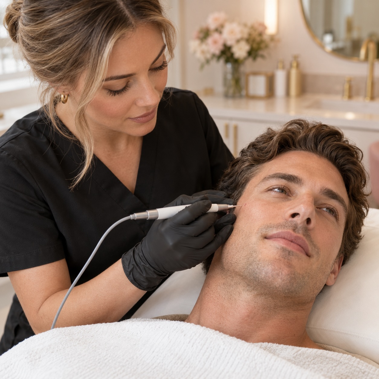 Provider treating a client's skin lesion with the LAMPROBE at Austin Med Spa in Austin, TX