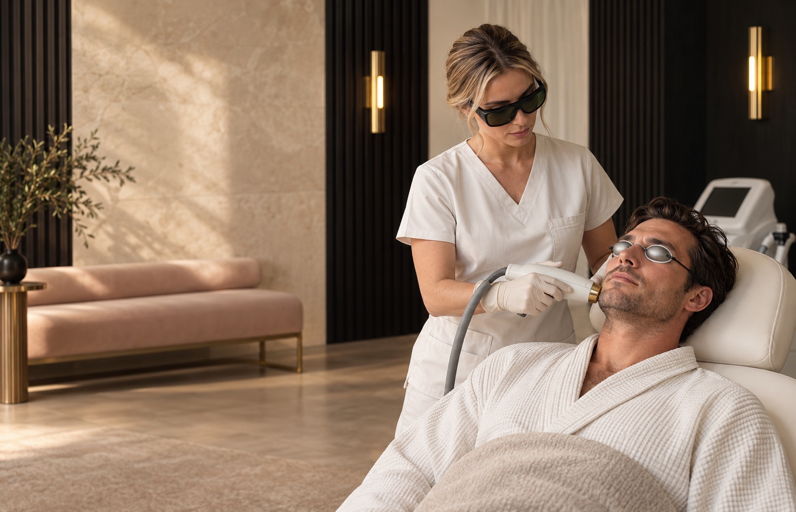 Austin Med Spa provider performing a laser facial treatment on a client wearing protective eyewear