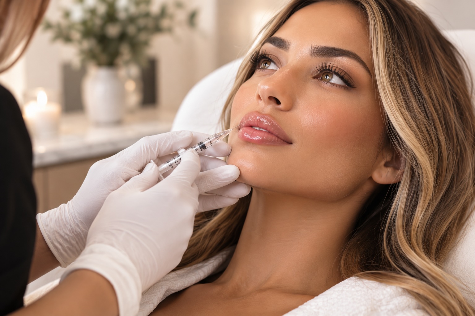 Client receiving a hyaluronic acid lip filler injection at Austin Med Spa in Austin, TX