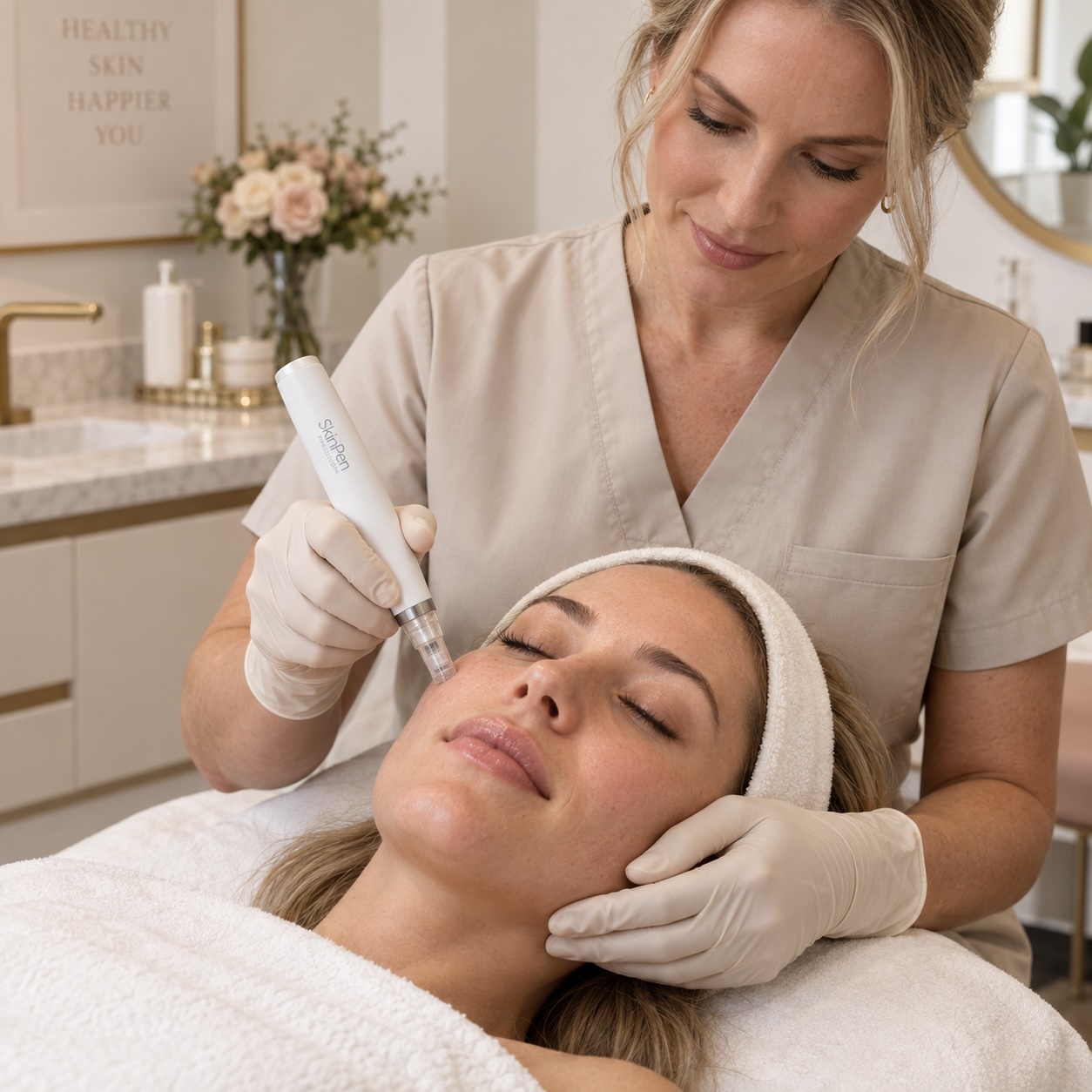 Austin Med Spa provider performing a SkinPen microneedling treatment on a client's face in Austin, TX