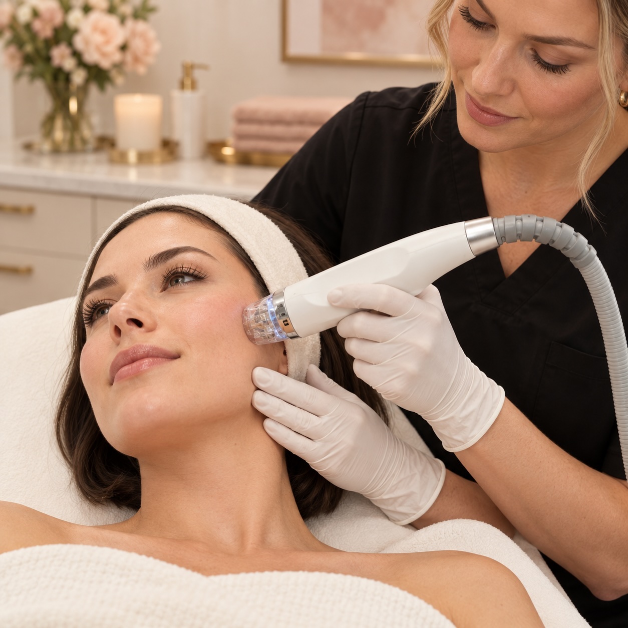 Client receiving Secret RF microneedling to the cheek and jawline at Austin Med Spa in Austin, TX