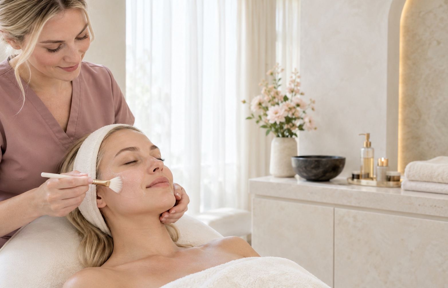 Austin Med Spa esthetician applying a treatment serum during a facial skin rejuvenation session