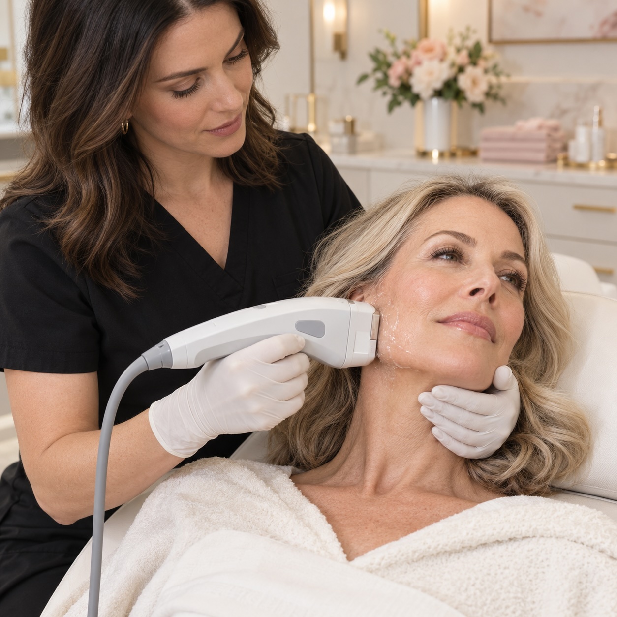 Client receiving an Ultherapy skin-tightening treatment along the jawline and neck at Austin Med Spa in Austin, TX